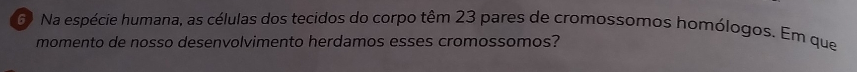 Na espécie humana, as células dos tecidos do corpo têm 23 pares de cromossomos homólogos. Em que 
momento de nosso desenvolvimento herdamos esses cromossomos?