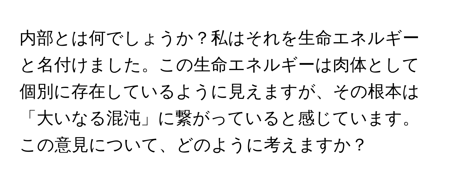 内部とは何でしょうか？私はそれを生命エネルギーと名付けました。この生命エネルギーは肉体として個別に存在しているように見えますが、その根本は「大いなる混沌」に繋がっていると感じています。この意見について、どのように考えますか？