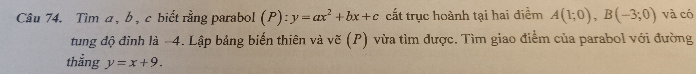 Tìm α , b , c biết rằng parabol (P):y=ax^2+bx+c cắt trục hoành tại hai điểm A(1;0), B(-3;0) và có 
tung độ đỉnh là −4. Lập bảng biến thiên và vẽ (P) vừa tìm được. Tìm giao điểm của parabol với đường 
thắng y=x+9.