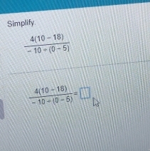 Simplify
 (4(10-18))/-10+(0-5) =□