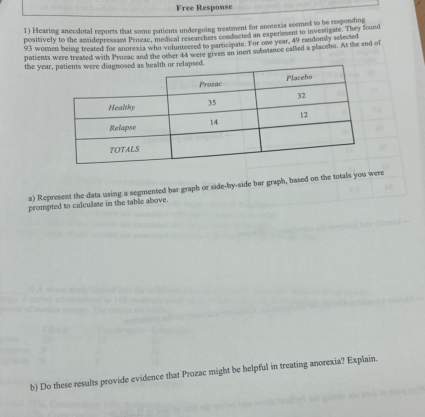 Free Response 
1) Hearing anecdotal reports that some patients undergoing treatment for anorexia seemed to be responding 
positively to the antidepressant Prozac, medical researchers conducted an experiment to investigate. They found
93 women being treated for anorexia who volunteered to participate. For one year, 49 randomly selected 
patients were treated with Prozac and the other 44 were given an inert substance called a placebo. At the end of 
the yearapsed. 
a) Represent the data using a segmented bar graph or side-by-side bar graph, based on the totals you were 
prompted to calculate in the table above. 
b) Do these results provide evidence that Prozac might be helpful in treating anorexia? Explain.