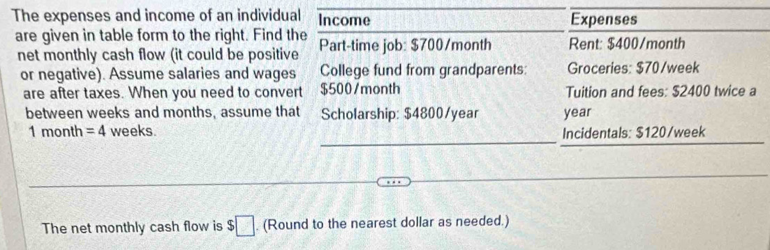 The expenses and income of an individual Income Expenses 
are given in table form to the right. Find the Part-time job: $700/month Rent: $400/month
net monthly cash flow (it could be positive 
or negative). Assume salaries and wages College fund from grandparents: Groceries: $70/week
are after taxes. When you need to convert $500/month Tuition and fees: $2400 twice a 
between weeks and months, assume that Scholarship: $4800/year year 
_
1 month = 4 weeks. Incidentals: $120/week
The net monthly cash flow is $□. (Round to the nearest dollar as needed.)