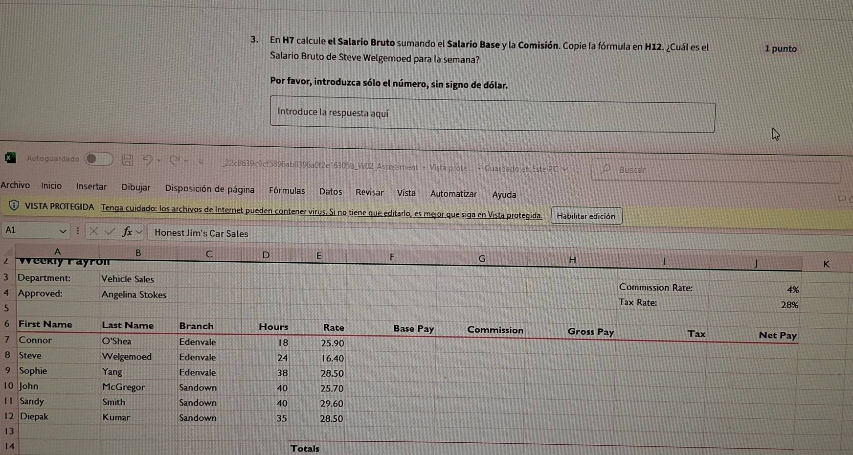 Resuelto:En H7 calcule el Salario Bruto sumando el Salario Base y la ...