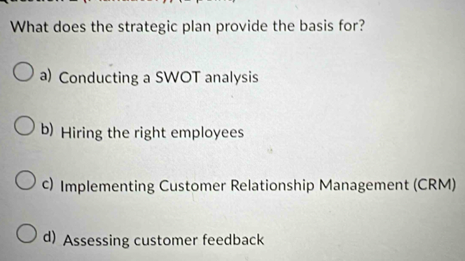 What does the strategic plan provide the basis for?
a) Conducting a SWOT analysis
b) Hiring the right employees
c) Implementing Customer Relationship Management (CRM)
d) Assessing customer feedback