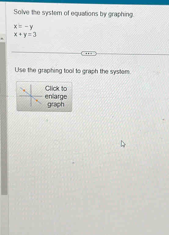 Solve the system of equations by graphing.
x=-y
x+y=3
Use the graphing tool to graph the system.
Click to
enlarge
graph