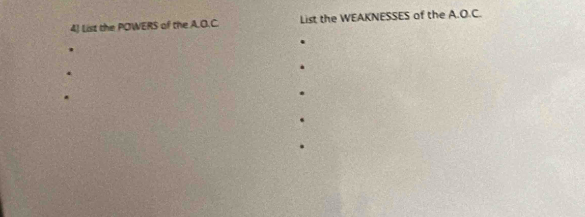 List the POWERS of the A.O.C. List the WEAKNESSES of the A.O.C.