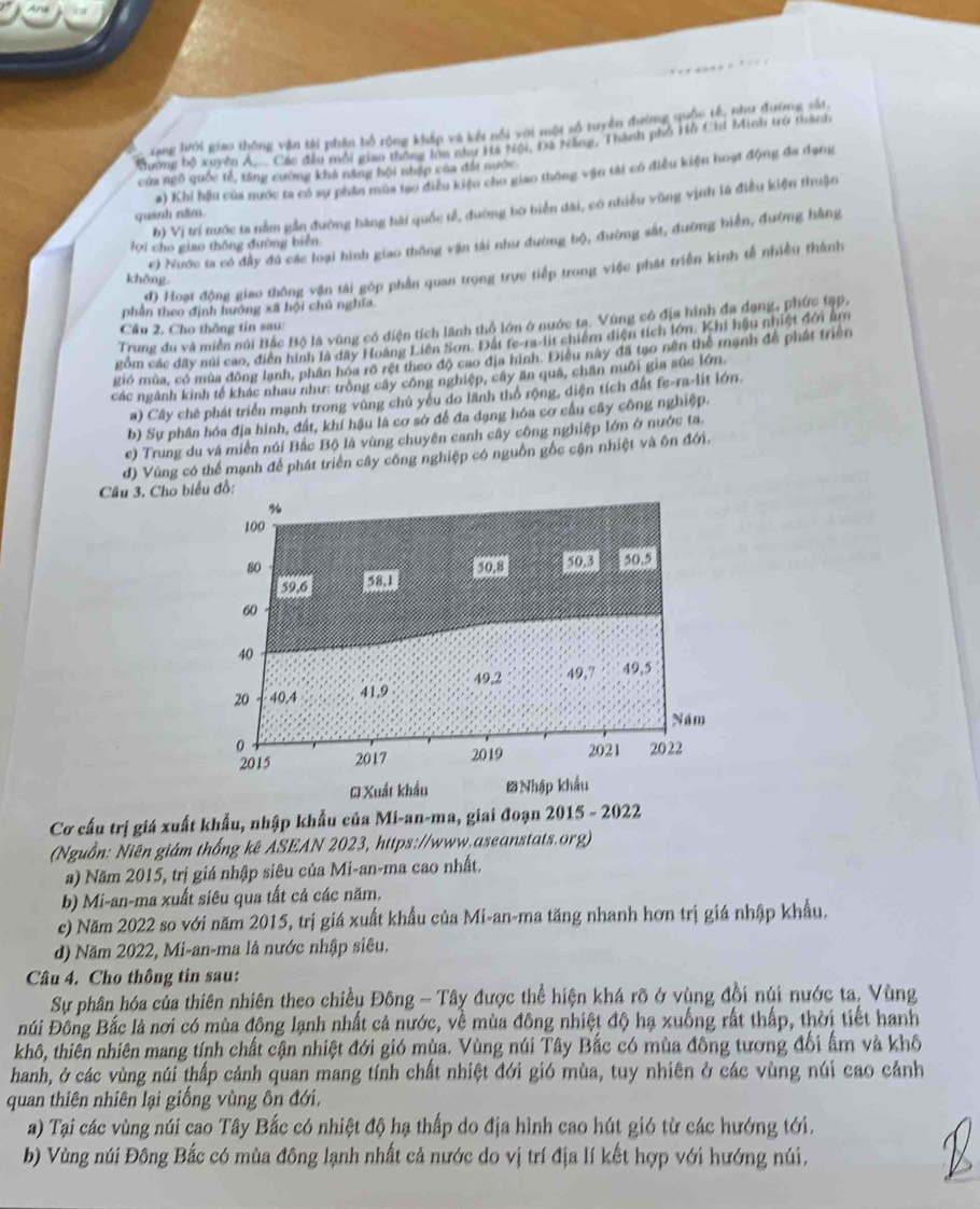 Ce sang lưới giao thông vận tài phần bổ rộng kháp và kết nổi với một số tuyển đường quốc tế, như đường sắt,
Kương bộ xuyên A,... Các đầu môi giao thông lớn nhu Hà Nội, Đà Năng, Thành phổ Hồ Chi Minh trù thành
của ngô quốc tế, tăng cường khả năng hội nhập của đất nước
quánh năm. a) Khi hậu của mước ta có sự phần mùa tạo điều kiện cho giao thông vận tài có điều kiện hoạt động đa dạng
b) Vị trí nước ta nằm gần đường hàng hải quốc tể, đường bờ biển đài, có nhiều vũng vịnh là điều kiện thuận
€) Nước ta có đầy đú các loại hình giao thông vận tài như đường bộ, đường sắt, đường hiển, đường hãng
lọi cho giao thông đường biển
đ) Hoạt động giao thông vận tải góp phần quan trọng trực tiếp trong việc phát triển kinh tế nhiều thành
khǒng
phần theo định hướng xã hội chủ nghĩa
Trung du và miền núi Bắc Bộ là vùng có điện tích lãnh thổ lớn ở nước ta. Vùng có địa hình đa dạng, phức tạp,
Câu 2, Cho thông tin sau:
gồm các đây núi cao, điễn hình là dây Hoàng Liên Sơn. Đất fe-ra-lit chiếm điện tích lớn. Khi hậu nhiệt đếi tm
gió mùa, có mùa đông lạnh, phân hóa rõ rệt theo độ cao địa hình. Điều này đã tạo nên thể mạnh đễ phát triển
các ngánh kinh tế khác nhau như: tròng cây công nghiệp, cây ăn quá, chăn nuôi gia súc lớm
#) Cây chẻ phát triển mạnh trong vùng chủ yếu do lãnh thổ rộng, diện tích đất fe-ra-lit lớn.
b) Sự phân hóa địa hình, đất, khí hậu là cơ sở để đa dạng hóa cơ cầu cây công nghiệp.
e) Trung du và miền núi Bắc Bộ là vùng chuyên canh cây công nghiệp lớn ở nước ta.
đ) Vùng có thể mạnh để phát triển cây công nghiệp có nguồn gốc cận nhiệt và ôn đới,
Câu 3. Cho b
Cơ cấu trị giá xuất khẩu, nhập khẩu của Mi-an-ma, giai đoạn 2015 - 2022
(Nguồn: Niên giám thống kê ASEAN 2023, https://www.aseanstats.org)
a) Năm 2015, trị giá nhập siêu của Mi-an-ma cao nhất.
b) Mi-an-ma xuất siêu qua tất cá các năm.
c) Năm 2022 so với năm 2015, trị giá xuất khẩu của Mi-an-ma tăng nhanh hơn trị giá nhập khẩu.
d) Năm 2022, Mi-an-ma là nước nhập siêu.
Câu 4. Cho thông tin sau:
Sự phân hóa của thiên nhiên theo chiều Đông - Tây được thể hiện khá rõ ở vùng đồi núi nước ta. Vùng
núi Đông Bắc là nơi có mùa đông lạnh nhất cả nước, về mùa đông nhiệt độ hạ xuống rất thấp, thời tiết hanh
khô, thiên nhiên mang tính chất cận nhiệt đới gió mùa. Vùng núi Tây Bắc có mùa đông tương đối ẩm và khô
hanh, ở các vùng núi thấp cảnh quan mang tính chất nhiệt đới gió mùa, tuy nhiên ở các vùng núi cao cảnh
quan thiên nhiên lại giồng vùng ôn đới,
a) Tại các vùng núi cao Tây Bắc có nhiệt độ hạ thấp do địa hình cao hút gió từ các hướng tới.
b) Vùng núi Đông Bắc có mùa đông lạnh nhất cả nước do vị trí địa lí kết hợp với hướng núi.