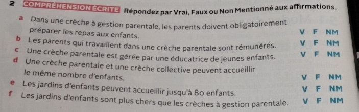 COMPREHENSION ECRITE Répondez par Vrai, Faux ou Non Mentionné aux afirmations.
* Dans une crèche à gestion parentale, les parents doivent obligatoirement V F NM
préparer les repas aux enfants.
b Les parents qui travaillent dans une crèche parentale sont rémunérés. V F NM
c Une crèche parentale est gérée par une éducatrice de jeunes enfants. V F NM
d Une crèche parentale et une crèche collective peuvent accueillir
le même nombre d'enfants.
V F NM
e Les jardins d’enfants peuvent accueillir jusqu'à 80 enfants. V F NM
f Les jardins d’enfants sont plus chers que les crèches à gestion parentale. V F NM