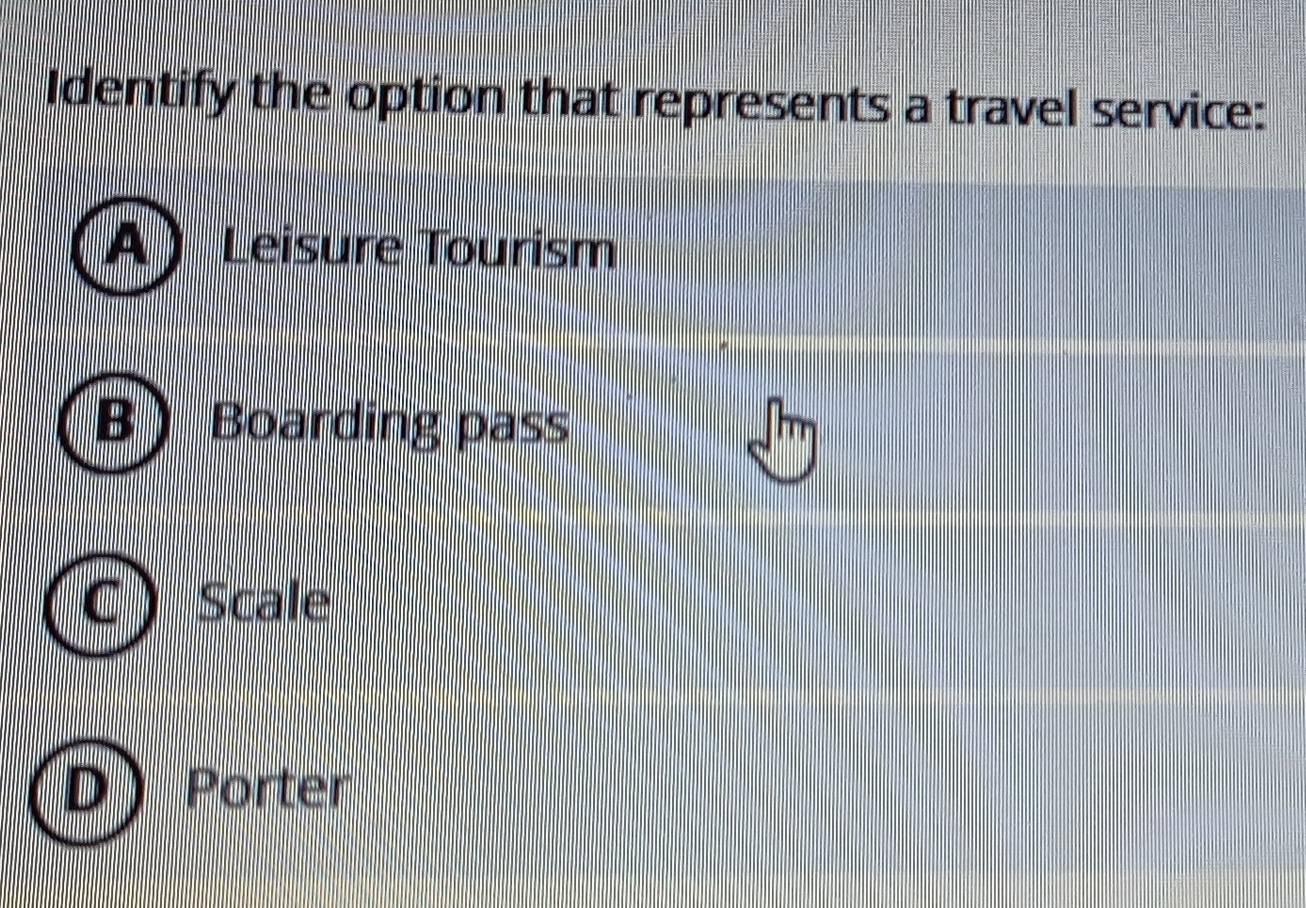 Identify the option that represents a travel service:
A ) Leisure Tourism
B Boarding pass
Scale
Porter