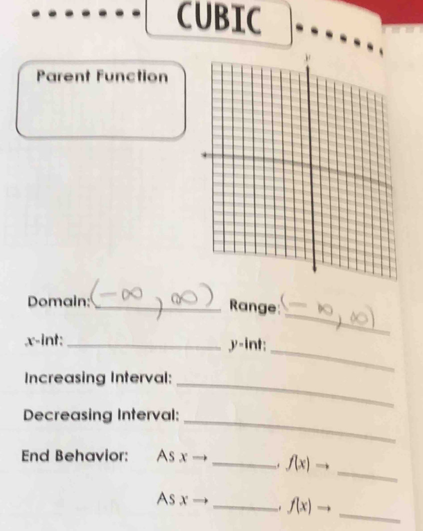 CUBIC 
Parent Function 
_ 
Domain:_ 
Range:
x -int: _int:
y=
_ 
Increasing Interval:_ 
Decreasing Interval:_ 
_ 
End Behavior: As x
_ f(x)to
As x
__ f(x)to