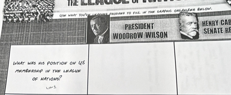 TE LLMCOL U 
Uoe what You've learned Provided to fill in the graphic organizer Below. 
PRESIDENT HENRY CAB 
WOODROW WILSON SENATE RE 
What was his position on US 
Membership in the league 
of nations? 
Lw1