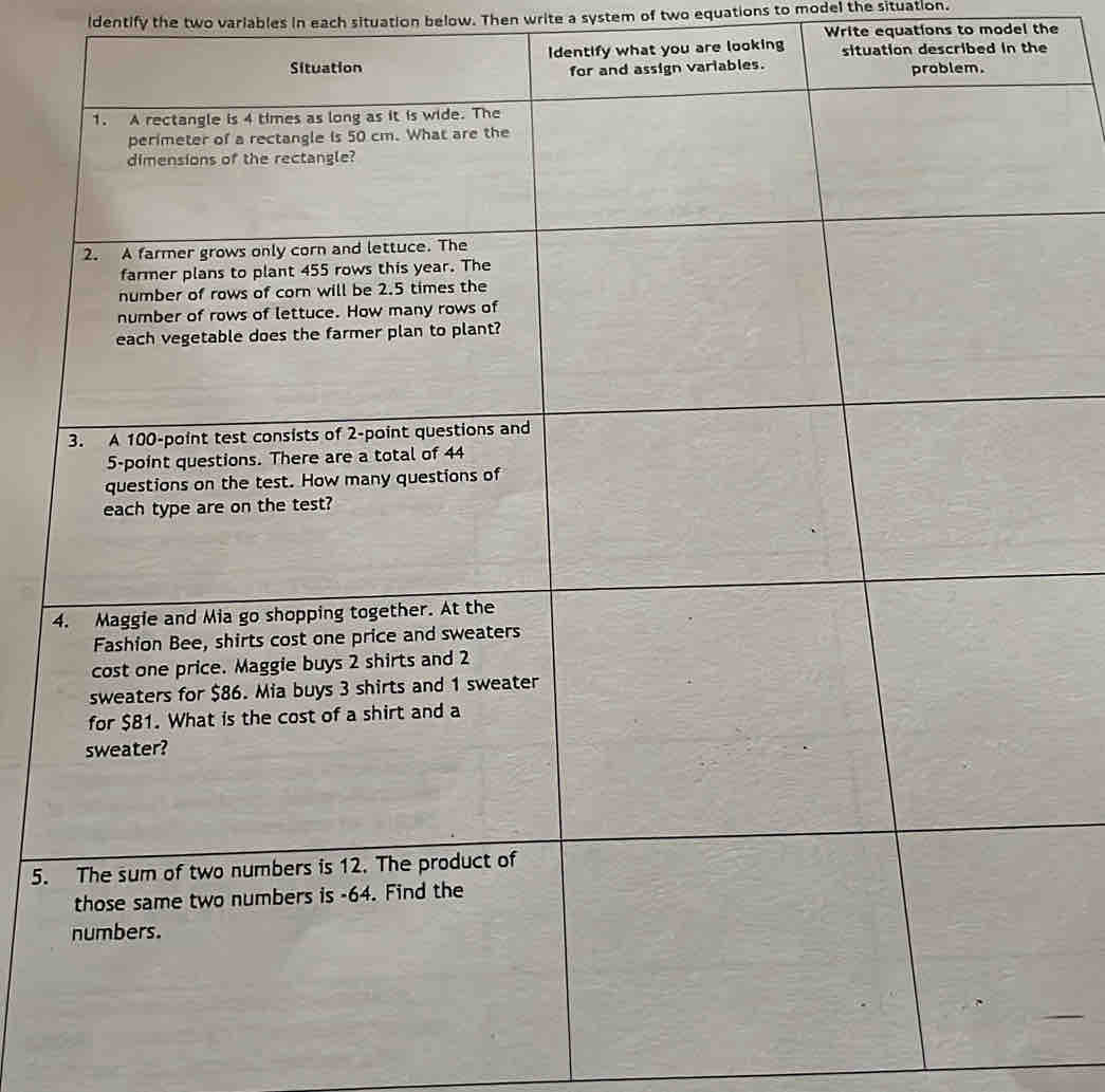 ldentify the two variables in each situation below. Then write a system of two equations to model the situation. 
Write equations to model the 
Identify what you are looking situation described in the 
5.