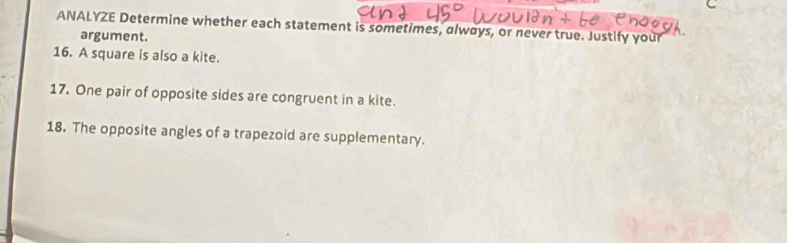 Solved: ANALYZE Determine whether each statement is sometimes, always ...