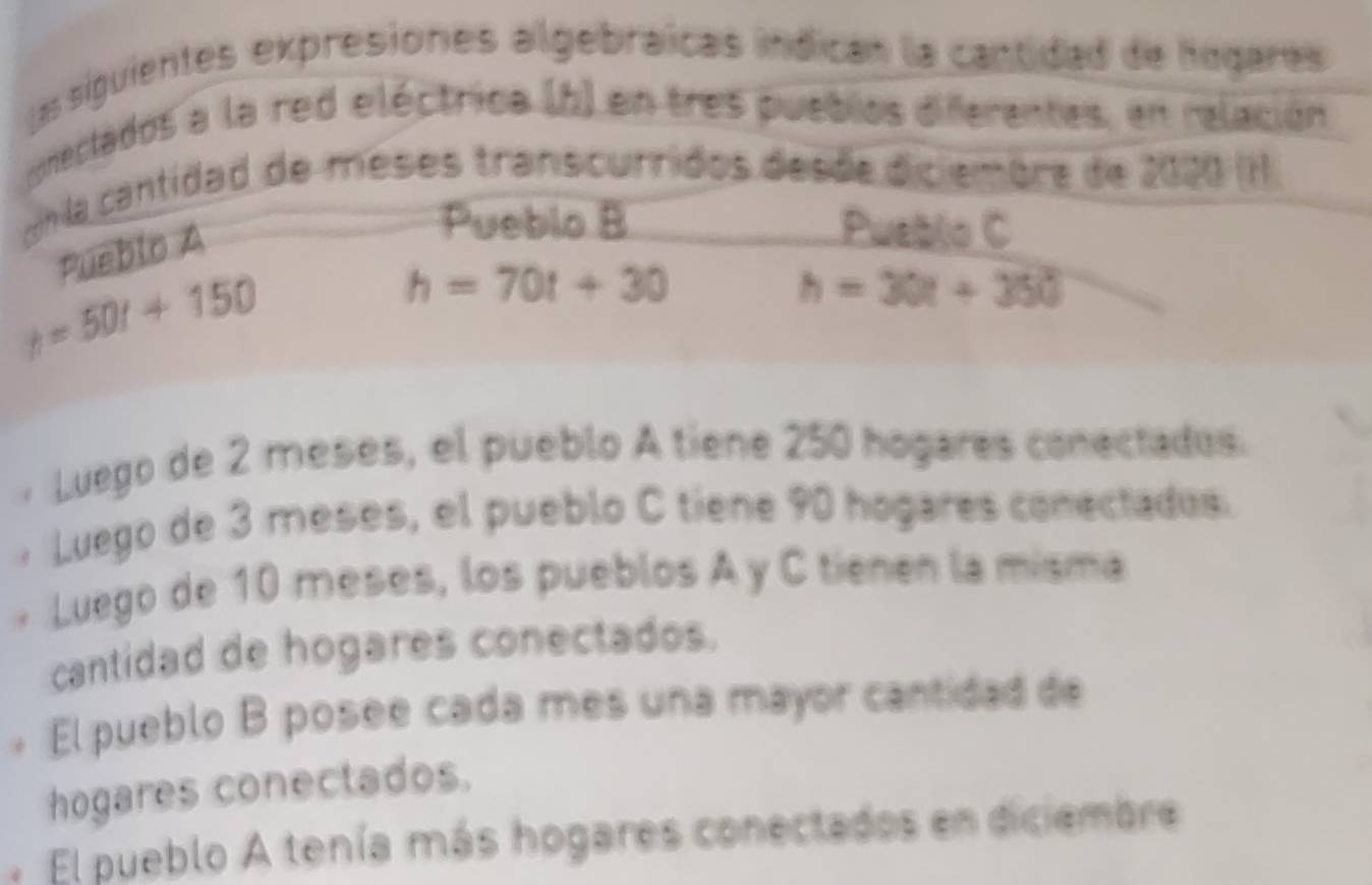 Las siguientes expresiones algebráicas indican la cantidad de hogares
onectados a la red eléctrica (h) en tres pueblos diferentes, en relación
n la cantidad de meses transcurridos desõe diciembre de 2020 (I
Pueblo A
Pueblo B Pueblio C
h=50t+150
h=70t+30
h=30t+350
Luego de 2 meses, el pueblo A tiene 250 hogares conectados.
Luego de 3 meses, el pueblo C tiene 90 hogares conectados.
* Luego de 10 meses, los pueblos A y C tienen la misma
cantidad de hogares conectados.
El pueblo B posee cada mes una mayor cantidad de
hogares conectados.
. El pueblo A tenía más hogares conectados en diciembre