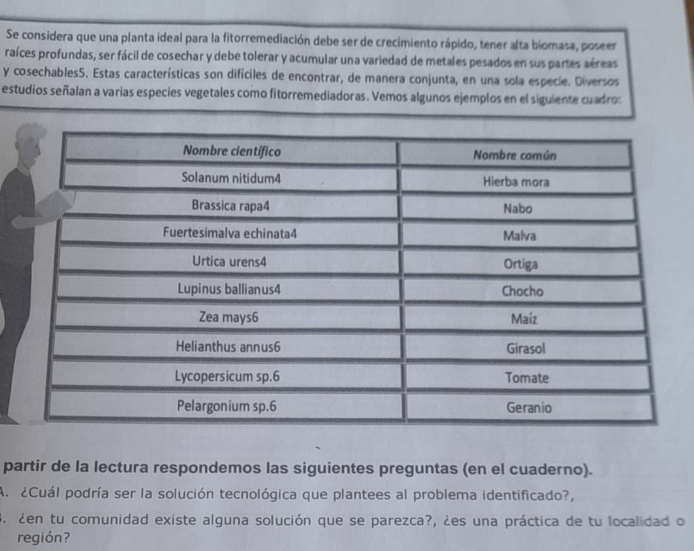 Se considera que una planta ideal para la fitorremediación debe ser de crecimiento rápido, tener alta biomasa, poseer 
raíces profundas, ser fácil de cosechar y debe tolerar y acumular una variedad de metales pesados en sus partes aéreas 
y cosechables5. Estas características son difíciles de encontrar, de manera conjunta, en una sola especie. Diversos 
estudios señalan a varias especies vegetales como fitorremediadoras. Vemos algunos ejemplos en el siguiente cuadros 
partir de la lectura respondemos las siguientes preguntas (en el cuaderno). 
A. ¿Cuál podría ser la solución tecnológica que plantees al problema identificado?, 
3. ¿en tu comunidad existe alguna solución que se parezca?, ¿es una práctica de tu localidad o 
región?