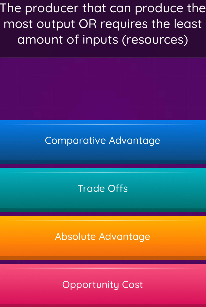 The producer that can produce the
most output OR requires the least
amount of inputs (resources)
Comparative Advantage
Trade Offs
Absolute Advantage
Opportunity Cost