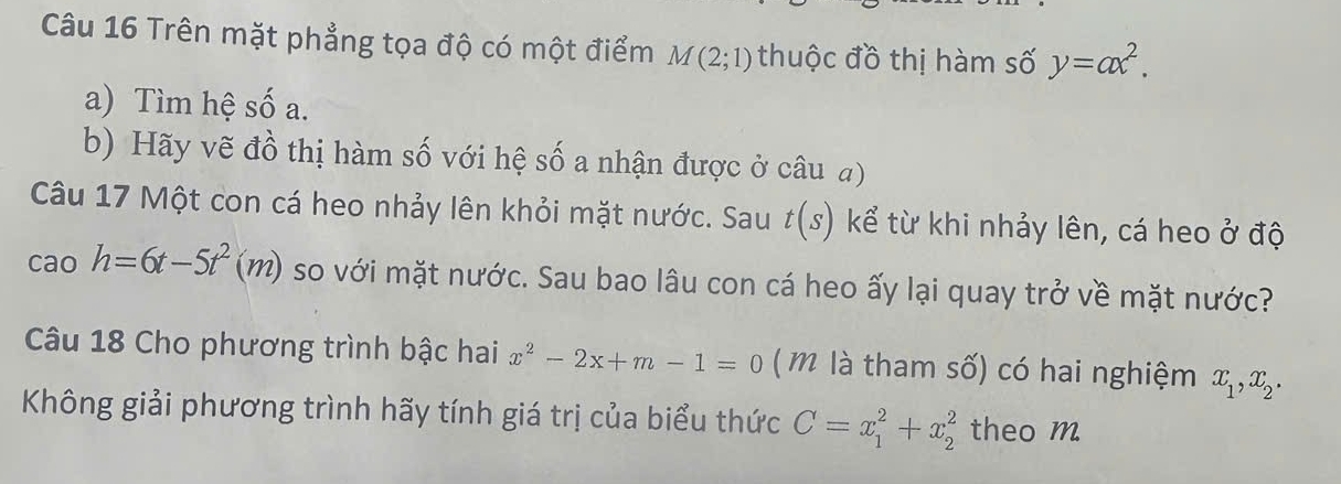 Trên mặt phẳng tọa độ có một điểm M(2;1) thuộc đồ thị hàm số y=ax^2. 
a) Tìm hệ số a. 
b) Hãy vẽ đồ thị hàm số với hệ số a nhận được ở câu a) 
Câu 17 Một con cá heo nhảy lên khỏi mặt nước. Sau t(s) kể từ khi nhảy lên, cá heo ở độ
caoh=6t-5t^2(m) so với mặt nước. Sau bao lâu con cá heo ấy lại quay trở về mặt nước? 
Câu 18 Cho phương trình bậc hai x^2-2x+m-1=0 (m là tham số) có hai nghiệm x_1, x_2. 
Không giải phương trình hãy tính giá trị của biểu thức C=x_1^2+x_2^2 theo m.