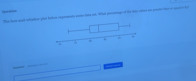 Question 
The box-and-whisker plot below represents some data set. What percentage of the data values are greater than or equal to 83? 
Answer Attempt 2 out of 2 
Submit Answer