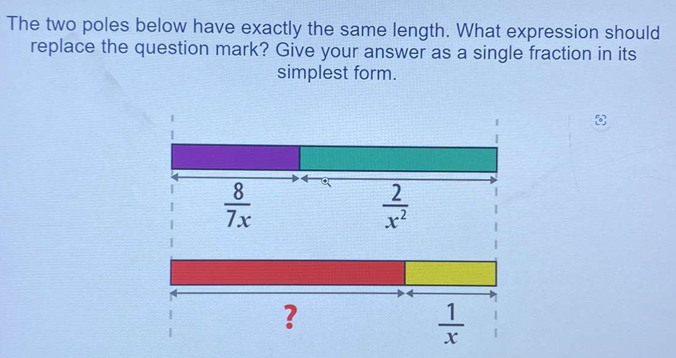 The two poles below have exactly the same length. What expression should
replace the question mark? Give your answer as a single fraction in its
simplest form.
?
 1/x 