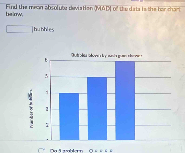 Find the mean absolute deviation (MAD) of the data in the bar chart 
below. 
bubbles 
Do 5 problems