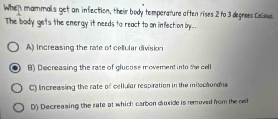 when mammals get an infection, their body temperature often rises 2 to 3 degrees Celsius.
The body gets the energy it needs to react to an infection by...
A) Increasing the rate of cellular division
B) Decreasing the rate of glucose movement into the cell
C) Increasing the rate of cellular respiration in the mitochondria
D) Decreasing the rate at which carbon dioxide is removed from the cell