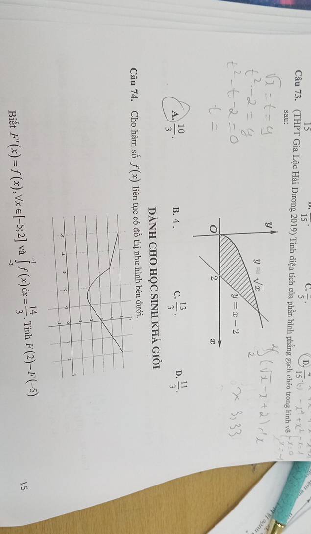 15
C. overline 5·
D. overline (15)^(·) D.  7/15 ·
Câu 73. (THPT Gia Lộc Hải Dương 2019) Tính diện tích của phần hình phẳng gạch chéo trong hình vẽ
sau:
Y
V o gn
y=sqrt(x)
y=x-2
0 2
x
D.
A.  10/3 . B. 4. C.  13/3 .  11/3 . 
DàNH CHO HọC sINH khá giỏi
Câu 74. Cho hàm số f(x) liên tục có đồ thị như hình bên dưới.
Biết F'(x)=f(x), forall x∈ [-5;2] và ∈tlimits _(-3)^(-1)f(x)dx= 14/3 . Tính F(2)-F(-5)
15