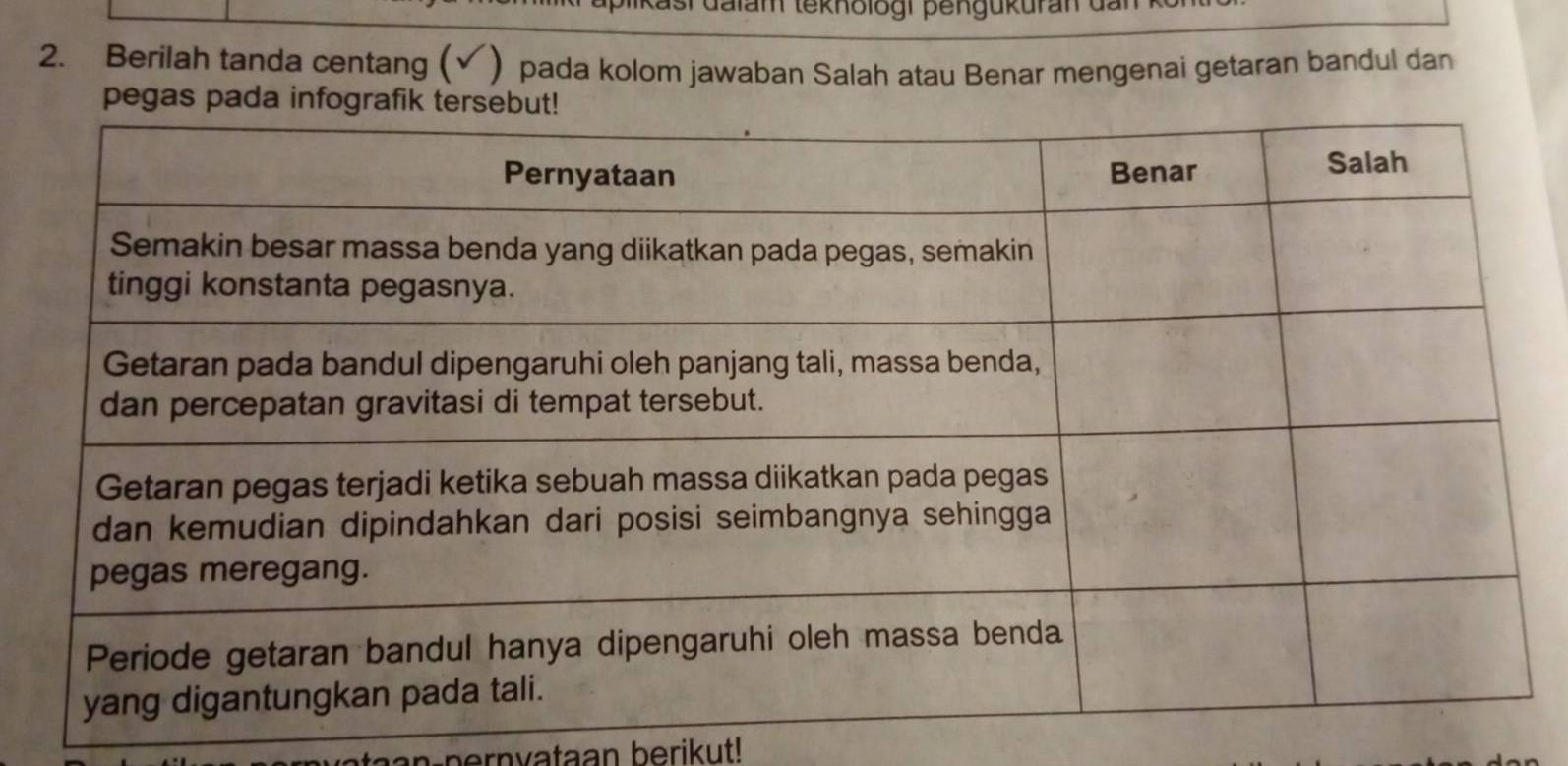 sr dalam tekhologi pengükuran đan 
2. Berilah tanda centang ( √ ) pada kolom jawaban Salah atau Benar mengenai getaran bandul dan 
pernvataan berikut!