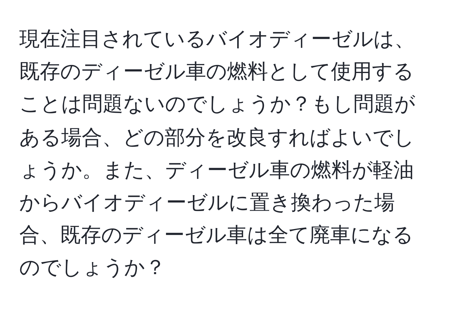 現在注目されているバイオディーゼルは、既存のディーゼル車の燃料として使用することは問題ないのでしょうか？もし問題がある場合、どの部分を改良すればよいでしょうか。また、ディーゼル車の燃料が軽油からバイオディーゼルに置き換わった場合、既存のディーゼル車は全て廃車になるのでしょうか？