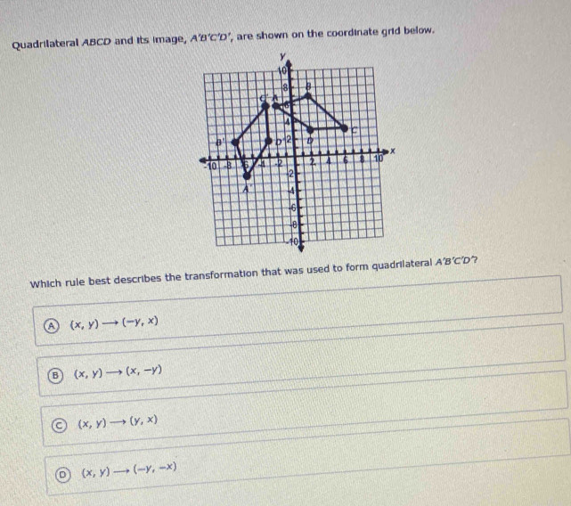 Quadrilateral ABCD and its image, A'B'C'D' , are shown on the coordinate grid below.
Which rule best describes the transformation that was used to form quadrilateral A'B'C'D 7
(x,y) (-y,x)
(x,y) (x,-y)
C (x,y) to (y,x)
(x,y) (-y,-x)