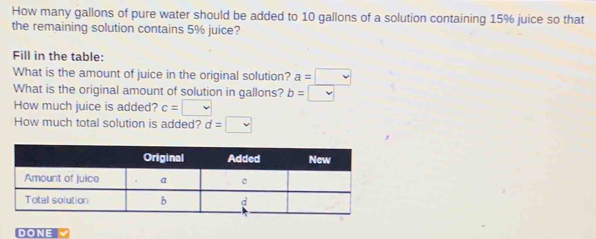 How many gallons of pure water should be added to 10 gallons of a solution containing 15% juice so that 
the remaining solution contains 5% juice? 
Fill in the table: 
What is the amount of juice in the original solution? a=□
What is the original amount of solution in gallons? b=□
How much juice is added? c=□
How much total solution is added? d=□
DONE