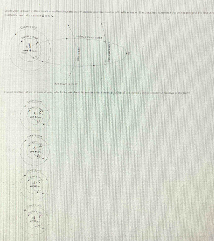 theee your ansover to the quesion on the diigram below and on your knowledge of Larth science. The disgnam represents the orbital paths of the four Jo 
perbetion and at locationx 2 and C 
theed on the pallem shown above, which disgnam bed represents the comed pusstion of the comed s tal at location A refative to the bun?