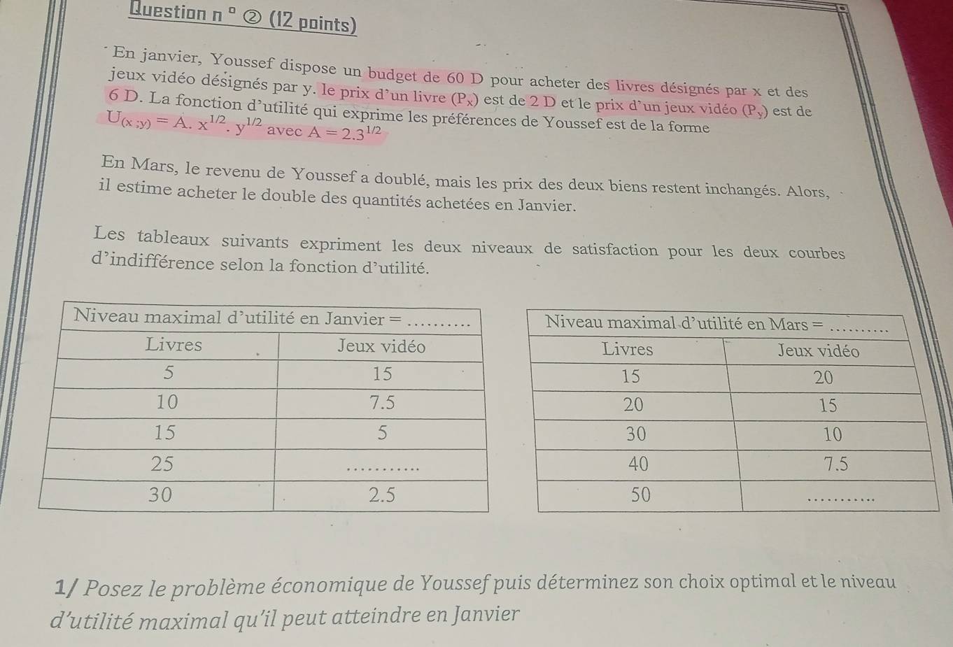 Question n° ② (12 points) 
En janvier, Youssef dispose un budget de 60 D pour acheter des livres désignés par x et des 
jeux vidéo désignés par y. le prix d'un livre (P_x) est de 2 D et le prix d'un jeux vidéo (P_y) est de
6 D. La fonction d’utilité qui exprime les préférences de Youssef est de la forme
U_(x;y)=A.x^(1/2).y^(1/2) avec A=2.3^(1/2)
En Mars, le revenu de Youssef a doublé, mais les prix des deux biens restent inchangés. Alors, 
il estime acheter le double des quantités achetées en Janvier. 
Les tableaux suivants expriment les deux niveaux de satisfaction pour les deux courbes 
d’indifférence selon la fonction d’utilité. 
1/ Posez le problème économique de Youssef puis déterminez son choix optimal et le niveau 
d’utilité maximal qu’il peut atteindre en Janvier