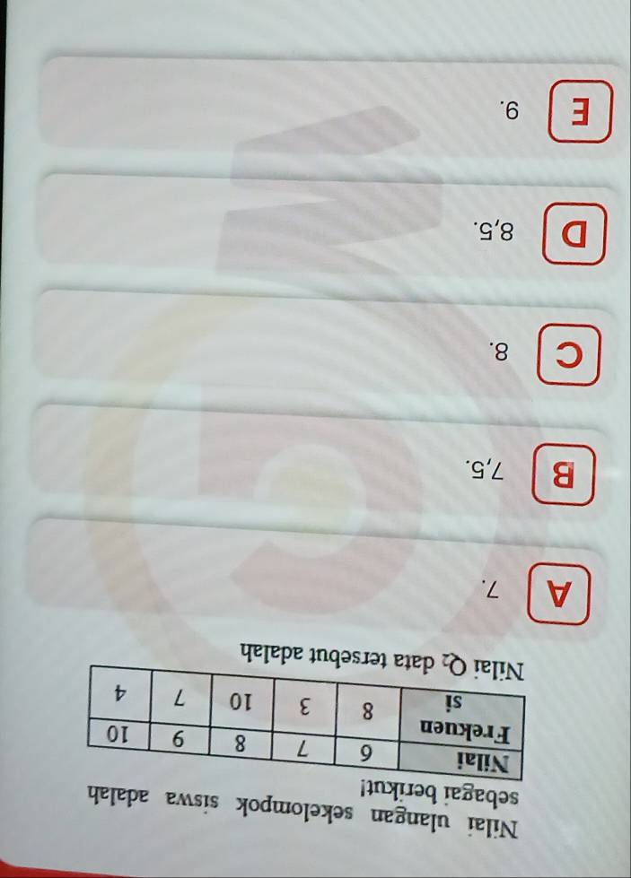 Nilai ulangan sekelompok siswa adalah
sebagai berik
sebut adalah
A 7.
B 7,5.
C 8.
D 8,5.
E 9.
