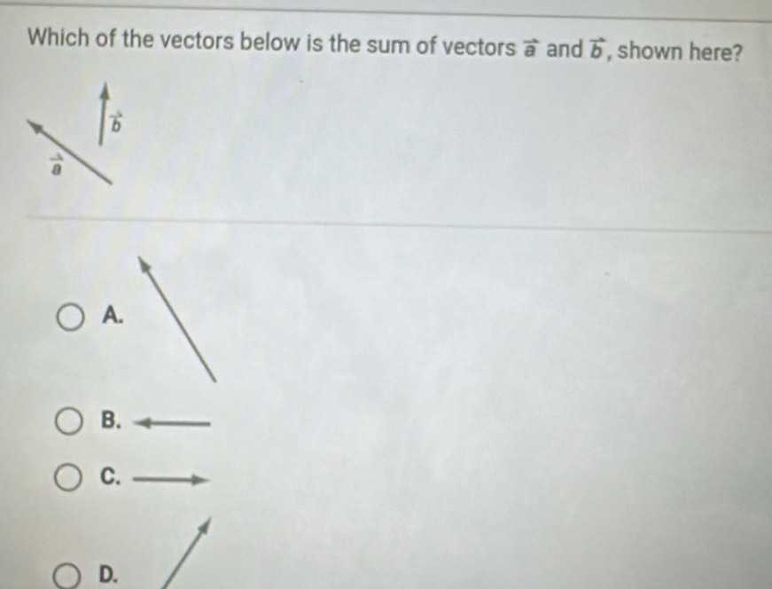 Which of the vectors below is the sum of vectors vector a and vector b , shown here?
vector b
vector a
A. 
B. 
C. 
D.