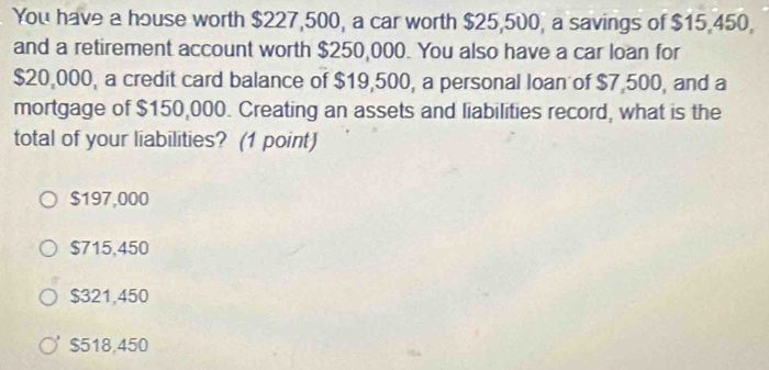 You have a house worth $227,500, a car worth $25,500, a savings of $15,450,
and a retirement account worth $250,000. You also have a car loan for
$20,000, a credit card balance of $19,500, a personal loan of $7,500, and a
mortgage of $150,000. Creating an assets and liabilities record, what is the
total of your liabilities? (1 point)
$197,000
$715,450
$321,450
$518,450