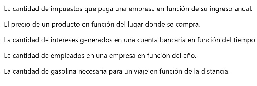 La cantidad de impuestos que paga una empresa en función de su ingreso anual.
El precio de un producto en función del lugar donde se compra.
La cantidad de intereses generados en una cuenta bancaria en función del tiempo.
La cantidad de empleados en una empresa en función del año.
La cantidad de gasolina necesaria para un viaje en función de la distancia.