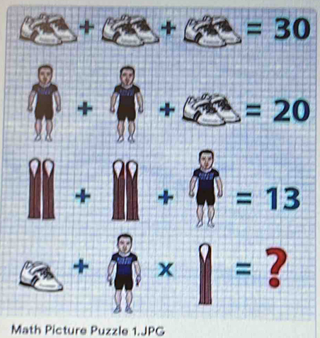 + + =30
+ + =20
+ + =13
+ x =? 
Math Picture Puzzle 1.JPG