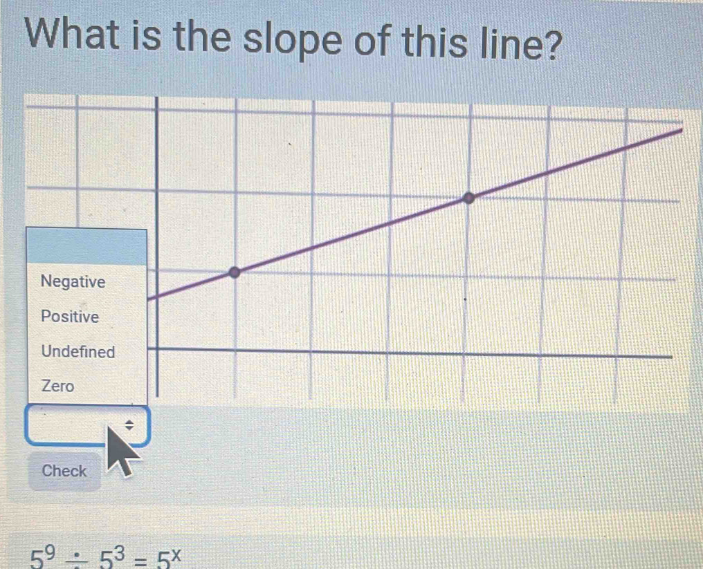 What is the slope of this line? 
; 
Check
5^9/ 5^3=5^x