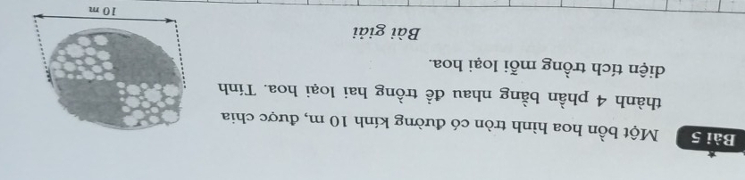 Một bồn hoa hình tròn có đường kính 10 m, được chia 
thành 4 phần bằng nhau đề trồng hai loại hoa. Tính 
diện tích trồng mỗi loại hoa. 
Bài giải