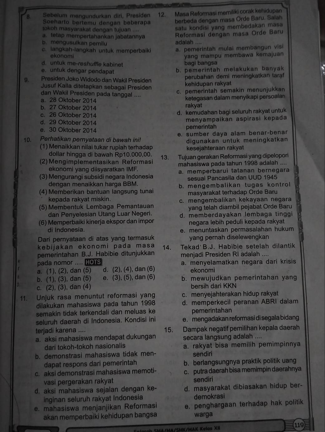 Sebelum mengundurkan diri, Presiden 12. Masa Reformasi memiliki corak kehidupan
Soeharto bertemu dengan beberapa berbeda dengan masa Orde Baru. Saiah
tokoh masyarakat dengan tujuan ....
satu kondisi yang membedakan masa 
a. tetap mempertahankan jabatannya Reformasi dengan masa Orde Baru
b. mengusulkan pemilu adalah ....
c. langkah-langkah untuk memperbaiki a. pemerintah mulai membangun visi
ekonomi
yang mampu membawa kemajuan
d. untuk me-reshuffle kabinet bagi bangsa
e. untuk dengar pendapat b. pemerintah melakukan banyak
9. Presiden Joko Widodo dan Wakil Presiden perubahan demi meningkatkan taraf
Jusuf Kalla ditetapkan sebagai Presiden kehidupan rakyat
dan Wakil Presiden pada tanggal ....
c. pemerintah semakin menunjukkan
a. 28 Oktober 2014 ketegasan dalam menyikapi persoalan
b. 27 Oktober 2014 rakyat
c. 26 Oktober 2014 d. kemudahan bagi seluruh rakyat untuk
d. 29 Oktober 2014 menyampaikan aspirasi kepada
e. 30 Oktober 2014 pemerintah
e. sumber daya alam benar-benar
10. Perhatikan pernyataan di bawah ini!
digunakan untuk meningkatkan
(1) Menaikkan nilai tukar rupiah terhadap kesejahteraan rakyat
dollar hingga di bawah Rp10.000,00.
(2) Mengimplementasikan Reformasi 13. Tujuan gerakan Reformasi yang dipelopori
ekonomi yang diisyaratkan IMF. mahasiswa pada tahun 1998 adalah ....
(3) Mengurangi subsidi negara Indonesia a. memperbarui tatanan bernegara
sesuai Pancasila dan UUD 1945
dengan menaikkan harga BBM.
b. mengembalikan tugas kontrol
(4) Memberikan bantuan langsung tunai
masyarakat terhadap Orde Baru
kepada rakyat miskin. c. mengembalikan kekayaan negara
(5) Membentuk Lembaga Pemantauan
yang telah diambil pejabat Orde Baru
dan Penyelesian Utang Luar Negeri. d. memberdayakan lembaga tinggi
(6) Memperbaiki kinerja ekspor dan impor negara lebih peduli kepada rakyat
di Indonesia. e. menuntaskan permasalahan hukum
Dari pernyataan di atas yang termasuk yang pernah diselewengkan
kebijakan ekonomi pada masa 14. Tekad B.J. Habibie setelah dilantik
pemerintahan B.J. Habibie ditunjukkan menjadi Presiden RI adalah ....
pada nomor MHOTS a. menyelamatkan negara dari krisis
a. (1), (2), dan (5) d. (2), (4), dan (6) ekonomi
b. (1), (3), dan (5) e. (3), (5), dan (6) b. mewujudkan pemerintahan yang
c. (2), (3), dan (4) bersih dari KKN
11. Unjuk rasa menuntut reformasi yang c. menyejahterakan hidup rakyat
dilakukan mahasiswa pada tahun 1998 d. memperkecil peranan ABRI dalam
semakin tidak terkendali dan meluas ke pemerintahan
seluruh daerah di Indonesia. Kondisi ini e. mengadakan reformasi di segala bidang
terjadi karena .... 15. Dampak negatif pemilihan kepala daerah
a. aksi mahasiswa mendapat dukungan secara langsung adalah ....
dari tokoh-tokoh nasionalis a. rakyat bisa memilih pemimpinnya
b. demonstrasi mahasiswa tidak men- sendiri
dapat respons dari pemerintah b. berlangsungnya praktik politik uang
c. aksi demonstrasi mahasiswa memoti- c. putra daerah bisa memimpin daerahnya
vasi pergerakan rakyat sendiri
d. aksi mahasiswa sejalan dengan ke- d. masyarakat dibiasakan hidup ber-
inginan seluruh rakyat Indonesia demokrasi
e. mahasiswa menjanjikan Reformasi e. penghargaan terhadap hak politik
akan memperbaiki kehidupan bangsa warga
119
SMA/MA/SMK/MAK Kelas XII