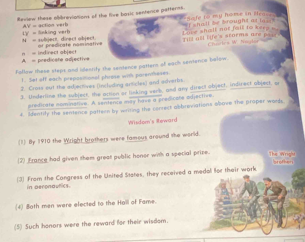 Review these abbreviations of the five basic sentence patterns.
AV= action verb Safe to my home in Heaven
Ly= linking verb I shall be brought at last:
N= subject, direct object, Love shall not fail to keep me 
or predicate nominative Till all life's storms are past 
Charles W. Naylor
n= indirect object
A= predicate adjective 
Follow these steps and identify the sentence pattern of each sentence below, 
1. Set off each prepositional phrase with parentheses. 
2. Cross out the adjectives (including articles) and adverbs. 
3. Underline the subject, the action or linking verb, and any direct object, indirect object, or 
predicate nominative. A sentence may have a predicate adjective. 
4. Identify the sentence pattern by writing the correct abbreviations above the proper words. 
Wisdom's Reward 
(1) By 1910 the Wright brothers were famous around the world. 
(2) France had given them great public honor with a special prize. The Wrigh! 
brothers 
(3) From the Congress of the United States, they received a medal for their work 
in aeronautics. 
(4) Both men were elected to the Hall of Fame. 
(5) Such honors were the reward for their wisdom.