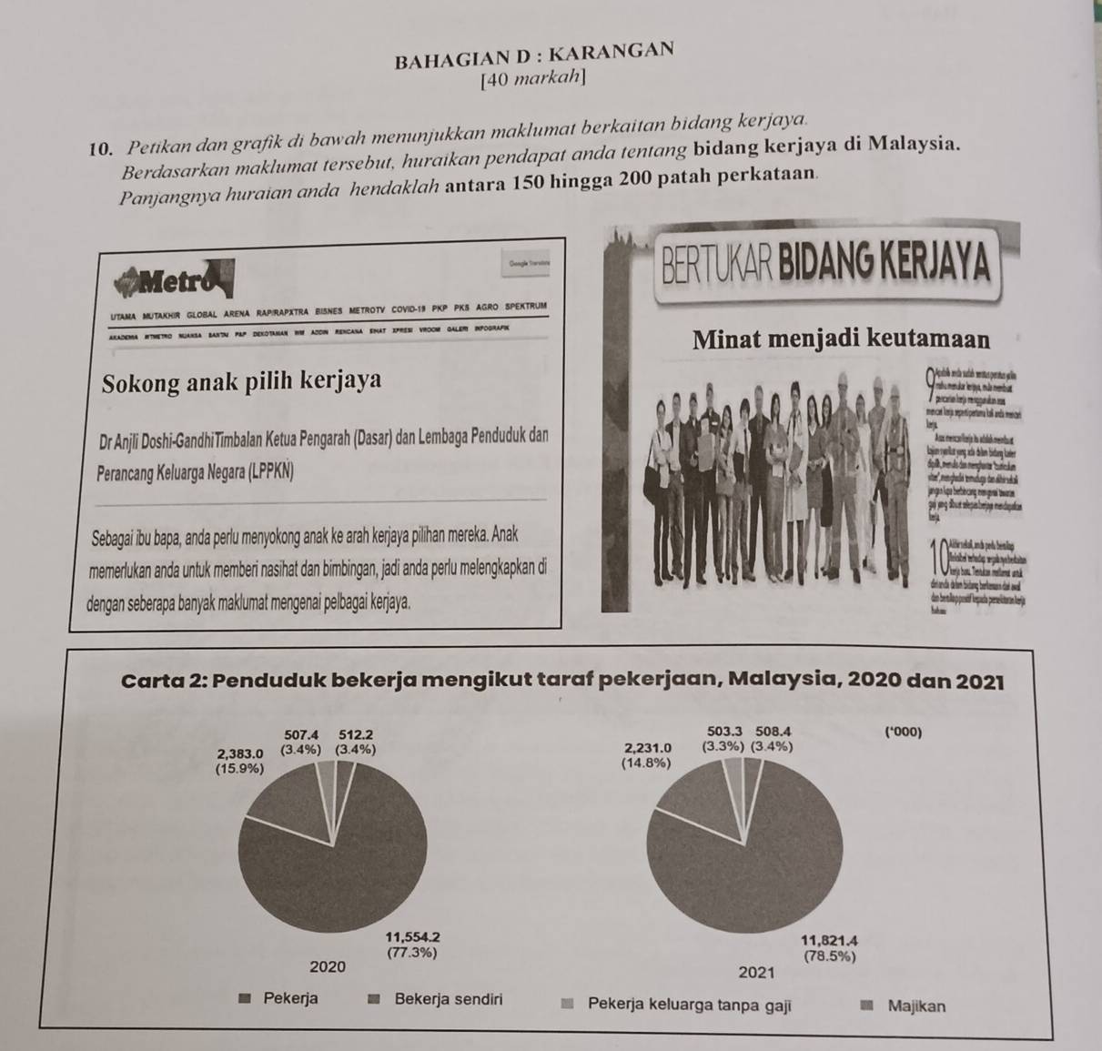 BAHAGIAN D : KARANGAN
[40 markah]
10. Petikan dan grafik di bawah menunjukkan maklumat berkaitan bidang kerjaya.
Berdasarkan maklumat tersebut, huraikan pendapat anda tentang bidang kerjaya di Malaysia.
Panjangnya huraian anda hendaklah antara 150 hingga 200 patah perkataan.
etr
BERTUKAR BIDANG KERJAYA
UTAMA MUTAKHIR GLOBAL ARENA RAPIRAPxTrA BISNES METROTV COViD-19 PKP PKS AGRO SPEXTRUm
AçOn Rencana enat Epresi vroom Galem inpograpin
Minat menjadi keutamaan
A malhia menular teripya, más membus
Sokong anak pilih kerjaya  pericarión foríja rerounatan rs
mencan loría eprntipentiuna lal anda menca
Dr Anjli Doshi-GandhiTimbalan Ketua Pengarah (Dasar) dan Lembaga Penduduk dan
Asa mencolicaía la atalab menta e
Laen erilar ung ad d un bidang tailen
Perancang Keluarga Negara (LPPKN)
Sailb, menuls das menghurta "cunickm
jangan lupa berbinicang momuprai tawars
gó jng dout selepsbreipe menipaian
1 4
Sebagai ibu bapa, anda perlu menyokong anak ke arah kerjaya pilihan mereka. Anak
li telal, md peu bénia
memerlukan anda untuk memberi nasihat dan bimbingan, jadi anda perlu melengkapkan di erja Ion, Tenákan mellemet uk
dirnlanda dahem bidang bernkensun dai wal
dengan seberapa banyak maklumat mengenai pelbagai kerjaya.
dm bermilãa pusió epacia prslitaron erja
Carta 2: Penduduk bekerja mengikut taraf pekerjaan, Malaysia, 2020 dan 2021
(‘000)
 
Pekerja Bekerja sendiri Pekerja keluarga tanpa gaji Majikan