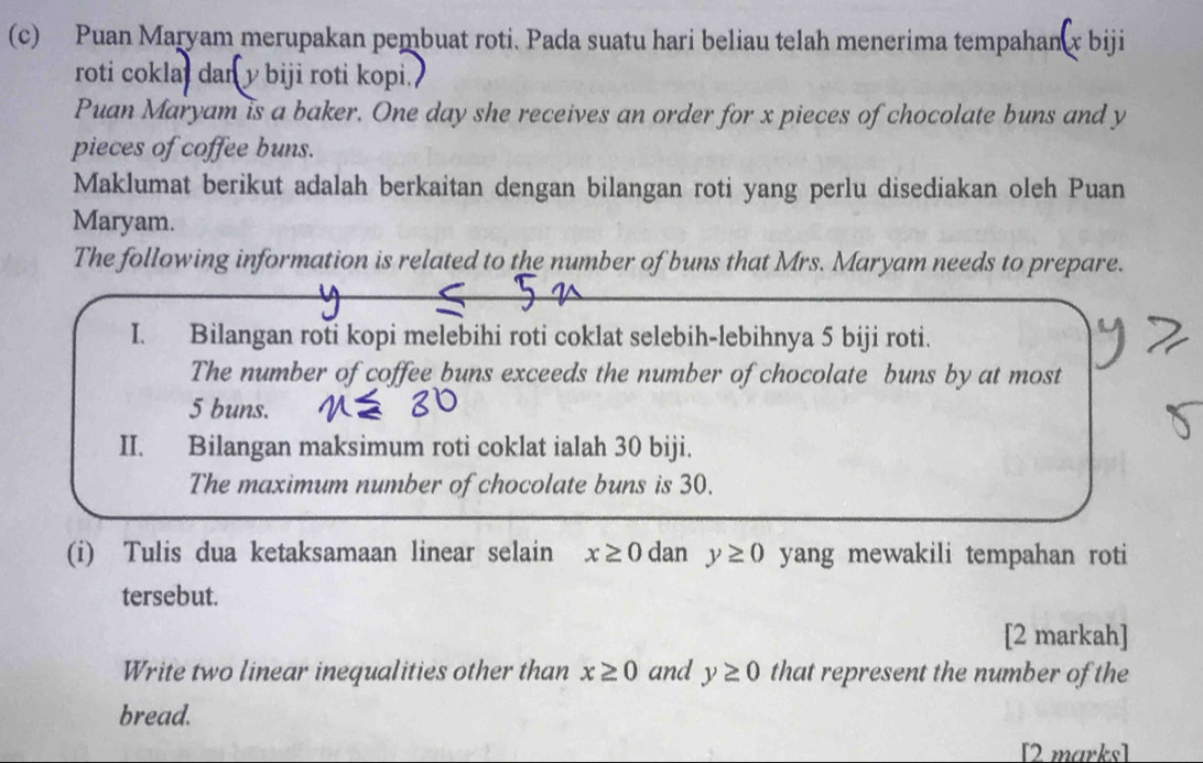 Puan Maryam merupakan pembuat roti. Pada suatu hari beliau telah menerima tempahan x biji 
roti coklaj dary biji roti kopi. 
Puan Maryam is a baker. One day she receives an order for x pieces of chocolate buns and y
pieces of coffee buns. 
Maklumat berikut adalah berkaitan dengan bilangan roti yang perlu disediakan oleh Puan 
Maryam. 
The following information is related to the number of buns that Mrs. Maryam needs to prepare. 
I. Bilangan roti kopi melebihi roti coklat selebih-lebihnya 5 biji roti. 
The number of coffee buns exceeds the number of chocolate buns by at most
5 buns. 
II. Bilangan maksimum roti coklat ialah 30 biji. 
The maximum number of chocolate buns is 30. 
(i) Tulis dua ketaksamaan linear selain x≥ 0 dan y≥ 0 yang mewakili tempahan roti 
tersebut. 
[2 markah] 
Write two linear inequalities other than x≥ 0 and y≥ 0 that represent the number of the 
bread. 
[2 marks]