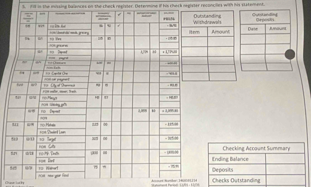Solved: Fill in the missing balances on the check register. Determine ...