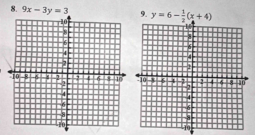 9x-3y=3
9. y=6- 1/2 (x+4)