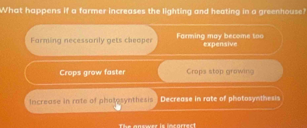 What happens if a farmer increases the lighting and heating in a greenhouse?
Farming necessarily gets cheaper Farming may become too
expensive
Crops grow faster Crops stop growing
Increase in rate of photosynthesis Decrease in rate of photosynthesis
The answer is incorrect