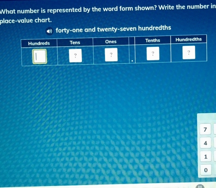 What number is represented by the word form shown? Write the number in 
place-value chart. 
◀forty-one and twenty-seven hundredths
7
4
1
0