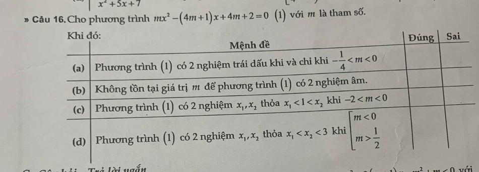 x^2+5x+7
» Câu 16. Cho phương trình mx^2-(4m+1)x+4m+2=0 (1) với m là tham số.
ài ugắn với
n