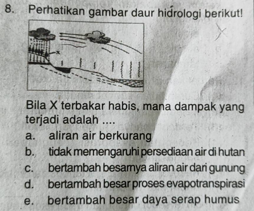 Perhatikan gambar daur hidrologi berikut!
Bila X terbakar habis, mana dampak yang
terjadi adalah ....
a. aliran air berkurang
b. tidak memengaruhi persediaan air di hutan
c. bertambah besarnya aliran air dari gunung
d. bertambah besar proses evapotranspirasi
e. bertambah besar daya serap humus