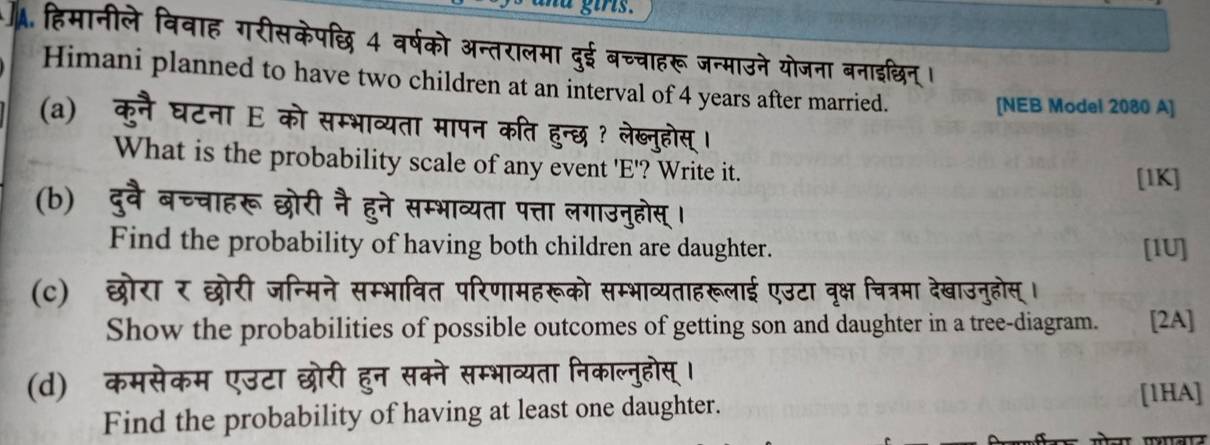 la girs. 
ह बच्चाहरू जन्माउने यो 
Himani planned to have two children at an interval of 4 years after married. 
[NEB Model 2080 A] 
(a) कुनै घटना E को सम्भाव्यता मापन 
What is the probability scale of any event 'E'? Write it. 
[1K] 
(b) दुवै बच्चा 
Find the probability of having both children are daughter. [IU] 
(c) मने सम्भावित परिणामहरूको सम्भाव्यताहरूलाई एउटा वृक्ष चित्रमा देखाउनुहोस् । 
Show the probabilities of possible outcomes of getting son and daughter in a tree-diagram. [2A] 
(d) क [1HA] 
Find the probability of having at least one daughter.